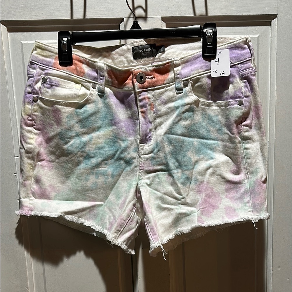 Torrid Pink and Blue Jean Shorts with Tie-Dye Design